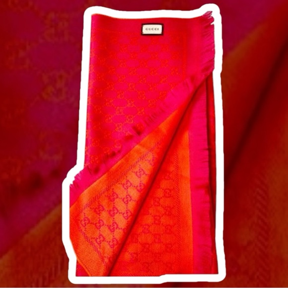 NWT Gucci Orange x Pink Jacquard GG Monogram Logo Wool Scarf - Picture 2 of 5